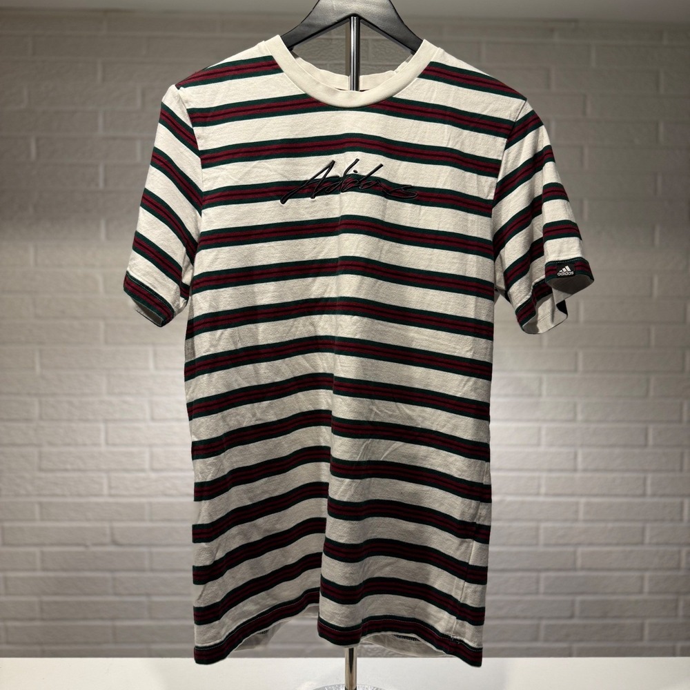 Adidas Striped T Shirt Mens‎ M White Burgundy Green Embroidered Logo Cotton Blen